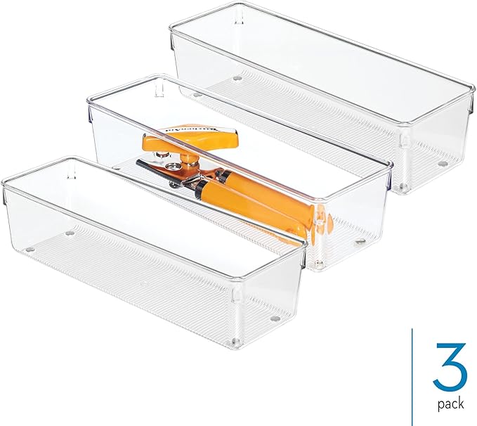 iDesign Plastic Drawer Organizer Bins - Storage for Kitchen, Bathroom, and Desk Drawers - Set of 3 - Clear
