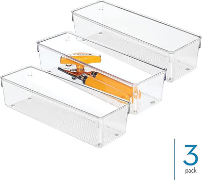 iDesign Plastic Drawer Organizer Bins - Storage for Kitchen, Bathroom, and Desk Drawers - Set of 3 - Clear