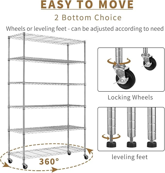 Storage Shelves with Wheels 6 Tier Wire Shelving Adjustable Metal Shelving Unit Heavy Duty NSF Shelf Capacity 2100lbs for Garage Rack, Kitchen, Closet, Commercial (45"x18"x82", Chrome)