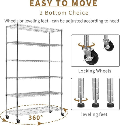 Storage Shelves with Wheels 6 Tier Wire Shelving Adjustable Metal Shelving Unit Heavy Duty NSF Shelf Capacity 2100lbs for Garage Rack, Kitchen, Closet, Commercial (45"x18"x82", Chrome)