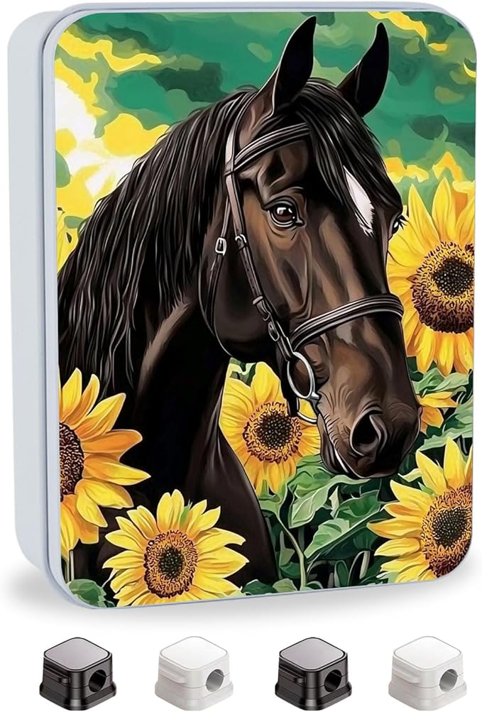 Metal Tin Box with Lid for Game Cards Home Organizer Candles Keys Crafts Storage - Equipped with 4 Magnetic Cord Clips，Horses and Sunflowers