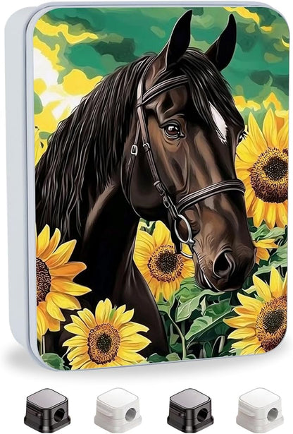 Metal Tin Box with Lid for Game Cards Home Organizer Candles Keys Crafts Storage - Equipped with 4 Magnetic Cord Clips，Horses and Sunflowers