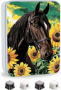 Metal Tin Box with Lid for Game Cards Home Organizer Candles Keys Crafts Storage - Equipped with 4 Magnetic Cord Clips，Horses and Sunflowers