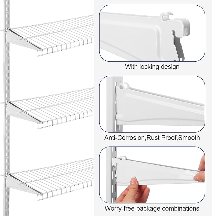 CroBlissful 47.5 Inch Twin Rail Upright Wall Shelving System with 12 Inch Locking Shelf Bracket Adjustable Closet System Heavy Duty Metal Support for Deep Wire Shelving Closet (8 Pcs)