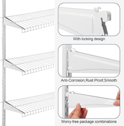 CroBlissful 47.5 Inch Twin Rail Upright Wall Shelving System with 12 Inch Locking Shelf Bracket Adjustable Closet System Heavy Duty Metal Support for Deep Wire Shelving Closet (8 Pcs)