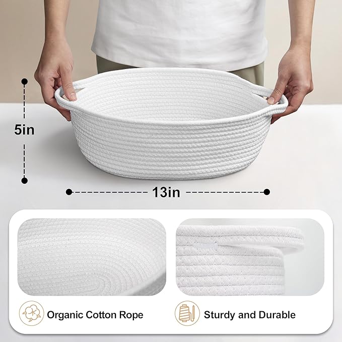 MEGASKET White Small Woven Basket, 13” x 9” x 5” Baskets for Gifts Empty Cotton Rope, Cute Nursery Baby Storage Organizer, Wicker Cat Toy Bin Box with Handles, Empty Gift Boo Basket