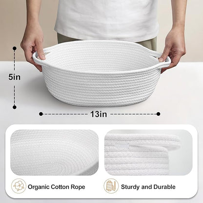 MEGASKET White Small Woven Basket, 13” x 9” x 5” Baskets for Gifts Empty Cotton Rope, Cute Nursery Baby Storage Organizer, Wicker Cat Toy Bin Box with Handles, Empty Gift Boo Basket