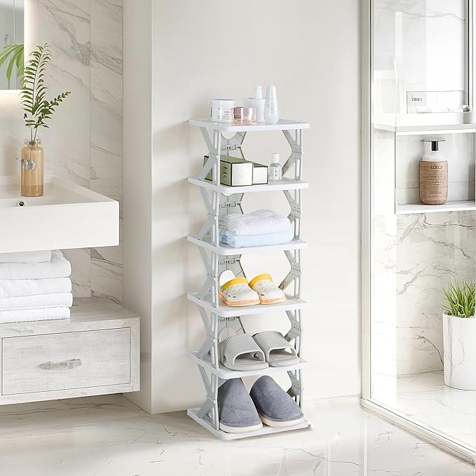 VECELO 6 Tier Vertical Narrow Shoe Rack, Free Standing Shoe Racks, Skinny Shoe Shelf Easy Assembly, Compact Shoe Organizer Space Saving for Small Spaces, Entryway, Garage, Front Door Entrance, Grey