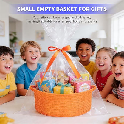 ShellKingdom Storage Basket with Handles, Empty Gift Basket with Gift Bags and Ribbon, Small Woven Baskets for Home, Nursery Storage Organizer, 12 X 8 X 5 INCH, Orange