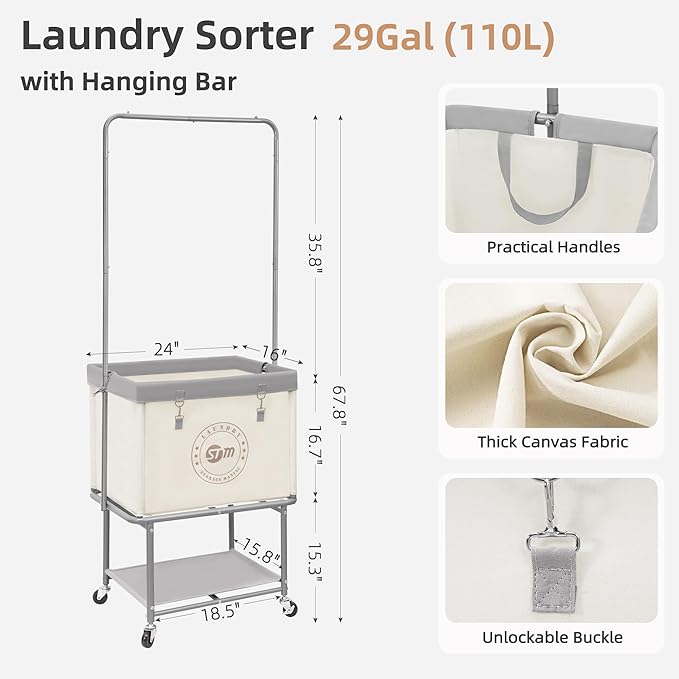 STORAGE MANIAC Rolling Laundry Cart with Hanging Bar & Storage Shelf, 110L Heavy Duty Large Laundry Basket with Clothes Hanging Rod, Study Clothes Hamper with Lockable Wheels, Beige