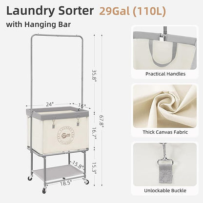 STORAGE MANIAC Rolling Laundry Cart with Hanging Bar & Storage Shelf, 110L Heavy Duty Large Laundry Basket with Clothes Hanging Rod, Study Clothes Hamper with Lockable Wheels, Beige