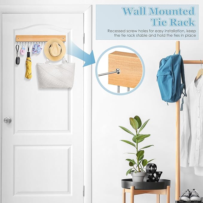Tie Rack Belt Hanger Wall Mounted, Lomrsiul Non Slip 180 Degree Rotating Tie Organizer for Men Closet with 18 Hooks Closet Organizers and Storage for Tie Belt Necklace Purse Scarf Bag Natural 2 Pack