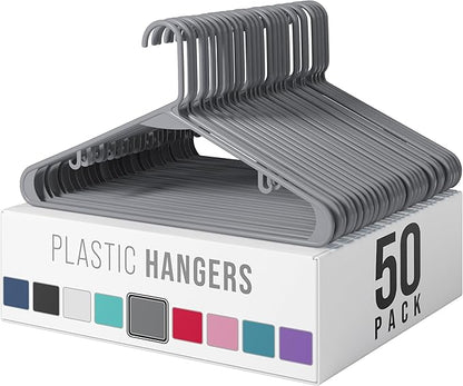 Plastic Hangers 50 Pack Grey - Clothes Hangers - Makes The Perfect Coat Hanger and General Space Saving Hangers for Closet and New Apartment Essentials - Percheros Ganchos para Colgar Ropa Hangars