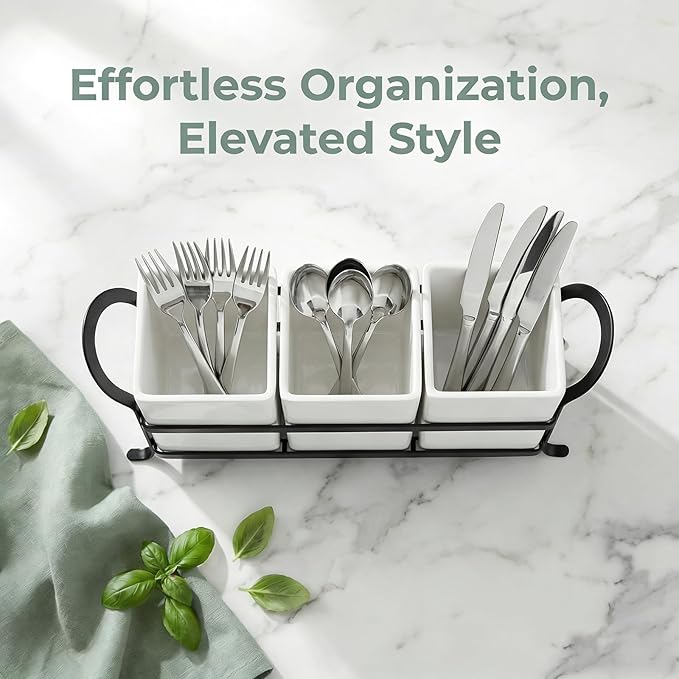 Utensil Holder with Drain Holes, Real Resin Silverware Caddy for Party Countertop,Cutlery Holders Silverware organizer for Spoon and Fork, White Black
