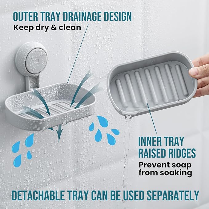 TAILI Soap Holder Soap Dish for Shower, Suction Cup Soap Holder for Shower Wall, Bathroom Accessories, Removable Strong Hold Soap Saver, Drill Free, Grey