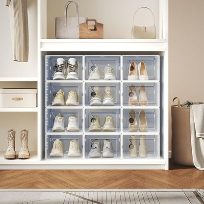 DUMOS Shoe Storage Boxes, 15 Pack Stackable Clear Shoe Containers with Lids, Display Sneaker Case Organizer for Closet, Under Bed, Entryway,White, Fit Size 11