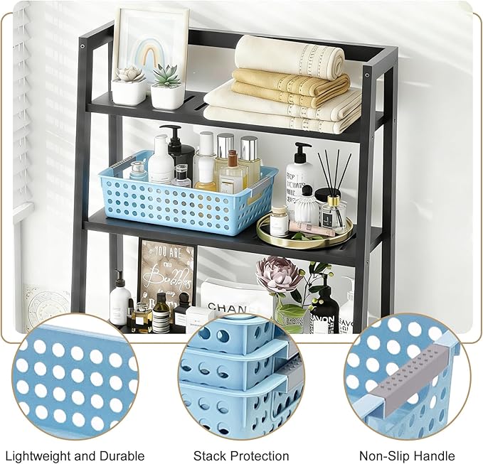 Soddeph 4 Pack Small Plastic Storage Baskets for Organizing, Stackable Bins with Handles for Shelves, Multipurpose Drawer Trays (Blue)