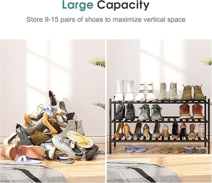 viewcare 3-Tier Long Black Shoe Rack, Bamboo Wood Shoe Rack for Closet, Entryway & Hallway, Stackable | Functional | Sturdy