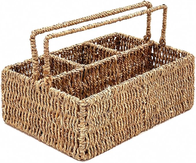 PEMAR Large L-Sized Hand Woven Utensil Caddy Carrier, Natural Jute Wicker Condiment Holder for Table, Kitchen Set Counter Top Silverware Organizer, Rustic Storage for Forks, Spoons, Seagrass