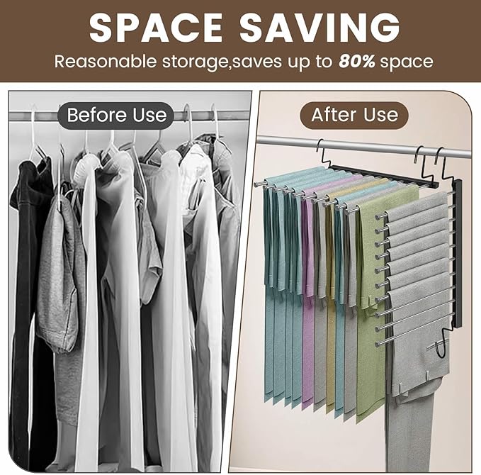Pants Hangers Space Saving for Closet, 10-Tier Metal Jean Hangers Organizer, Collapsible Non-Slip Trouser Hangers, Magic Rotational Pant Rack for Display and Storage, College Dorm Essentials