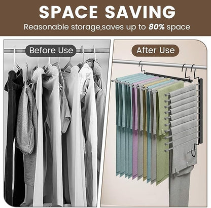 Pants Hangers Space Saving for Closet, 10-Tier Metal Jean Hangers Organizer, Collapsible Non-Slip Trouser Hangers, Magic Rotational Pant Rack for Display and Storage, College Dorm Essentials