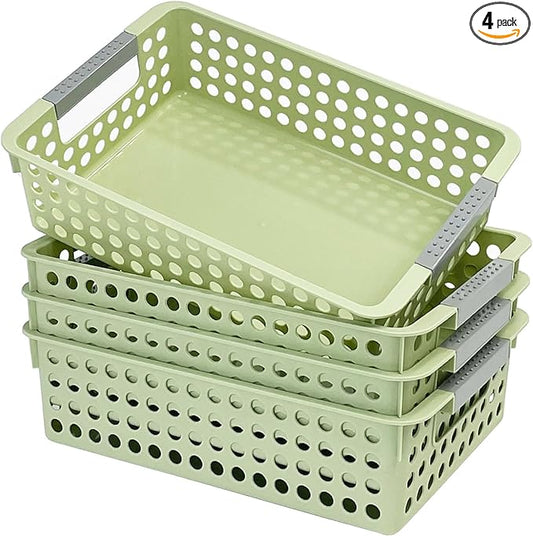 Soddeph 4 Pack Small Plastic Storage Baskets for Organizing, Stackable Bins with Handles for Shelves, Multipurpose Drawer Trays (Green)