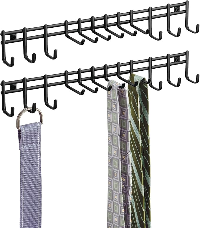 mDesign Closet Wall Mount Metal Accessory Organizer and Storage Center - Modern Slim Holder for Womens and Mens Ties, Belts, Scarves, Sunglasses, Watches - 12 Hooks, 2 Pack, Matte Black