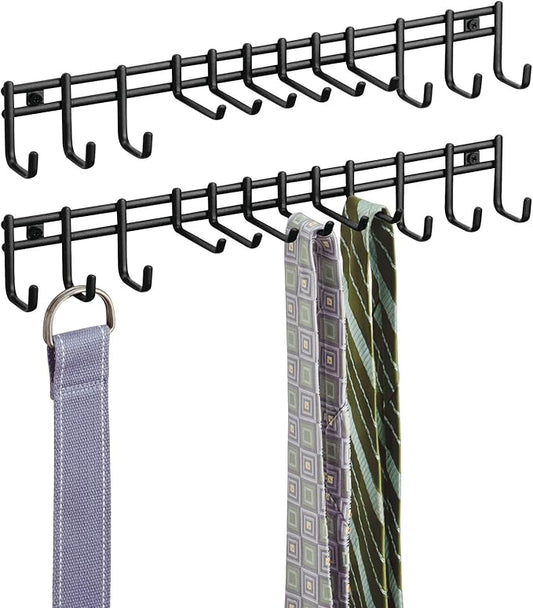 mDesign Closet Wall Mount Metal Accessory Organizer and Storage Center - Modern Slim Holder for Womens and Mens Ties, Belts, Scarves, Sunglasses, Watches - 12 Hooks, 2 Pack, Matte Black