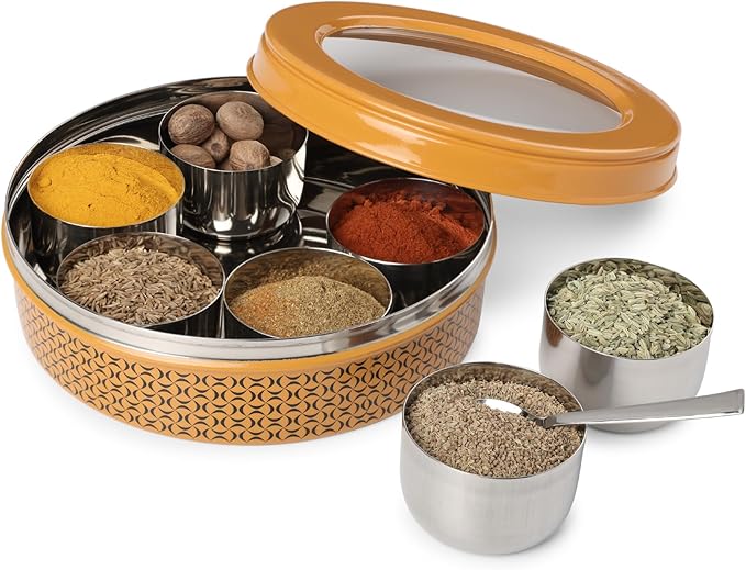 dudki 7 in 1 Stainless Steel Spice box for kitchen sturdy Masala dabba jar for Spices Seamless Design (Caramel Orange)