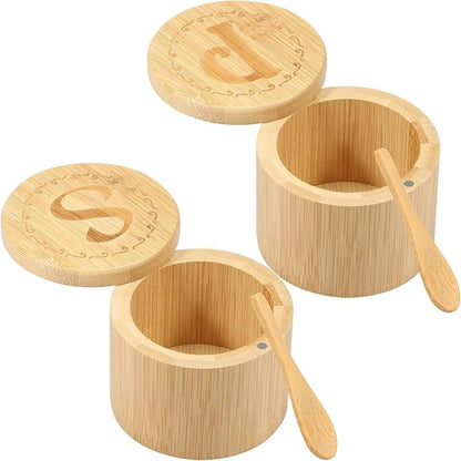 2 Layers Acacia Wood Salt & Pepper Bowl with Built-in Spoon and Magnetic Swivel Lid - Dustproof Salt Holder for Kitchen Serving (Wood)