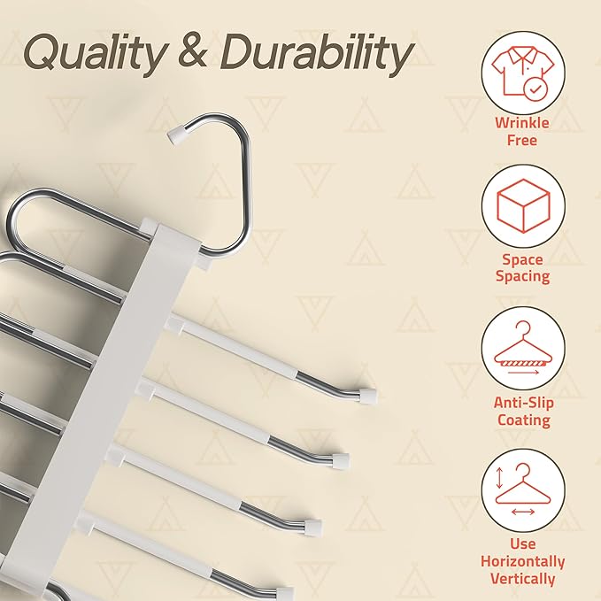 Campior Space Saving Pants Hangers 1 Pack, 6 Layer Jeans Hangers and Closet Organizer for Jeans, Scarves, & Skirts, Multi-Layer Hanger with Anti-Slip Stopper, Heavy-Duty S-Type Stainless Steel, White