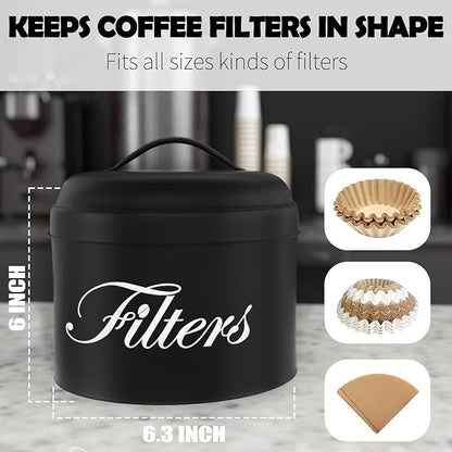 Black Basket Coffee Filter Holder With Lid - Round Container for Counter Storage - Rustic Farmhouse Bar Accessories Decor