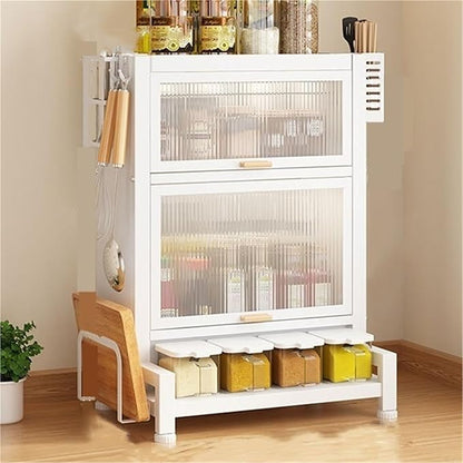 Home Furnishing Seasoning Bottle Storage Box Spice Rack Kitchen Countertop Storage Cabinet Pantry Sideboard Freestanding Counter Storage Organizer for Kitchen Living Room(White,59cm)