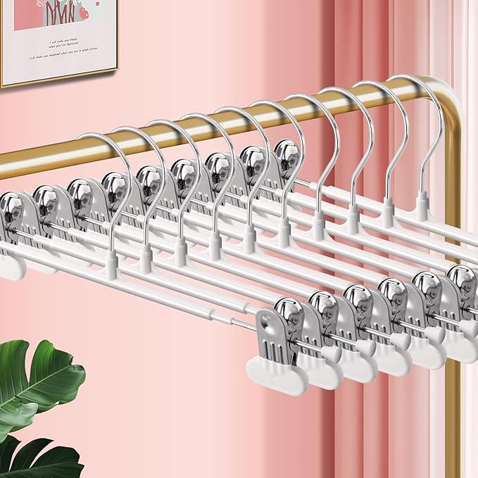 Clothes Pants Hangers with Wide Clips 20 Pack,Non-Slip Adjustable Skirt Hanger for Women,Space-Saving Heavy Duty Men Hangers for Pants,Trousers,Jeans,Shorts 12Inch White