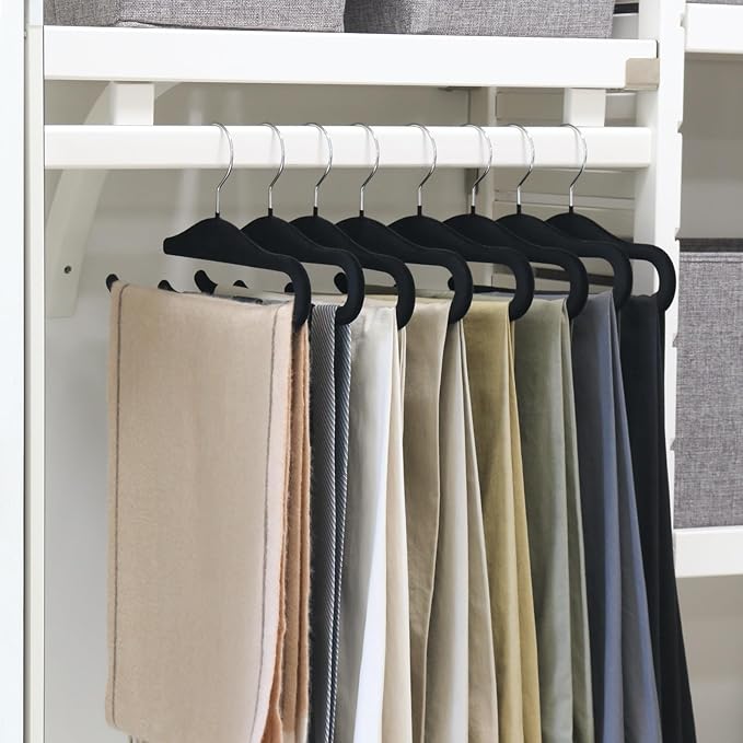Velvet Pants Hangers, 10 Pack Non-Slip Open Ended Hangers with 360° Swivel Hook Slim Space Saving Jeans Hangers for Pants, Scarves, Ties, Towels, Black