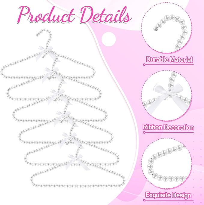 SHENLIU 6 Pack Pearl Clothes Hangers, Elegant Bridesmaid Hangers with White Ribbon Trim Hanger, Closet Coat Storage Organizer Bowknot Standard Wedding Hanger for Wedding Engagement Gowns Suits Shirts