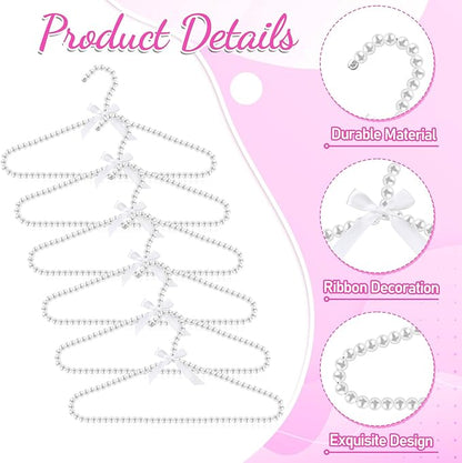 SHENLIU 6 Pack Pearl Clothes Hangers, Elegant Bridesmaid Hangers with White Ribbon Trim Hanger, Closet Coat Storage Organizer Bowknot Standard Wedding Hanger for Wedding Engagement Gowns Suits Shirts