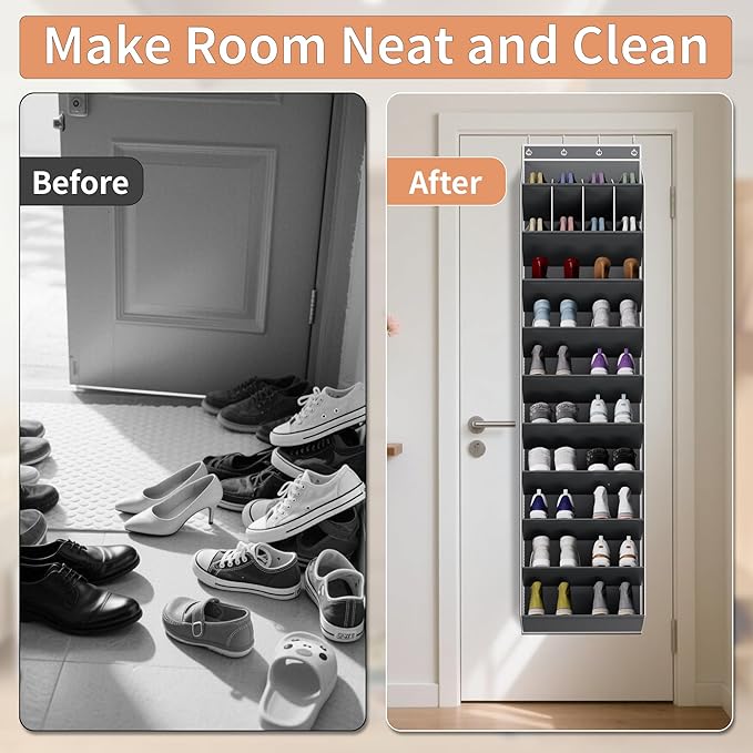 KYEVIS 10-Tier Large Size Over the Door Shoe Organizer, 20 Pairs Hanging Shoe Rack for Closet with Deep Pockets, Space-Saving Storage for Sneakers, Boots Heels (Grey)