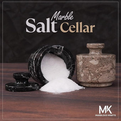 MARBLOUS KRAFTS Marble Salt Cellar with Lid 3" Zebra Black and Oceanic Sea Salt, Pepper Container for Kitchen Storage, Stone Spice Jar, Perfect Mother’s Day Gift, New Home