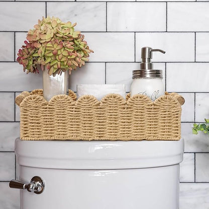 CubesLand Bathroom Basket Organizer, Toilet Tank Paper Storage Baskets 2-Pack, Scalloped Decorative Basket for Countertop w/Handle, Wicker Basket for Bathroom Decor, Home Decor, Living Room, Beige