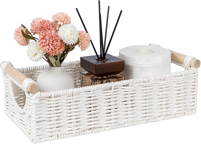 CubesLand Small Wicker Toilet Basket Tray Organizer W/Cut Out Handle, Handwoven Slim Decorative Basket for Countertop, Shelves And for Rustic Home Decor, Living Room, Nursery Organization, Cream