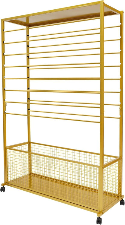 Commercial Ribbon Holder Organizer w/ 16 Rods & Locking Wheels - 59" Mobile Craft Storage for Florists, 4-Tier w/Mesh Basket (Gold, 39.37 * 12.6 * 59.06in)