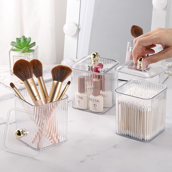 Tbestmax 3 Pack Qtip Holder Dispenser Clear Bathroom Organizer Jar Cotton Swab/Pad/Ball Holder Container Cosmetics Storage for Vanity