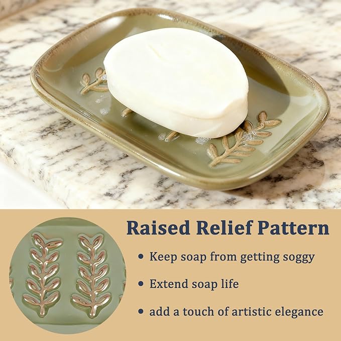 HighHerz Aesthetic Ceramic Soap Dish for Shower, Soap Holder with Raised Relief, Shower Soap Dish for Shampoo Bar Or Sponge, Soap Saver for Bathroom, Kitchen, Sink, Decorative Soap Tray (Green)