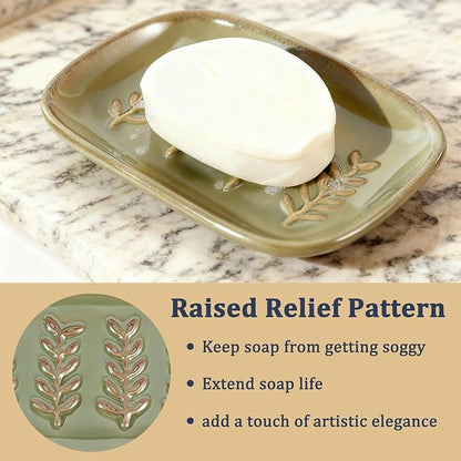 HighHerz Aesthetic Ceramic Soap Dish for Shower, Soap Holder with Raised Relief, Shower Soap Dish for Shampoo Bar Or Sponge, Soap Saver for Bathroom, Kitchen, Sink, Decorative Soap Tray (Green)