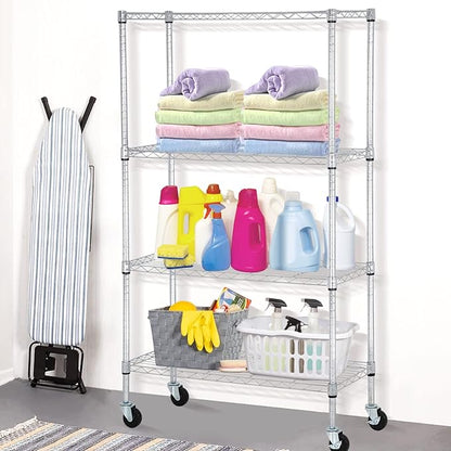 4 Tier Shelving Unit 62" H Adjustable Metal Shelves w/Wheels Heavy Duty Storage Shelf 1400Lb Capacity Garage Shelving Storage Wire Shelving for Kitchen, 36" L x 14" D x 62" H, Chrome