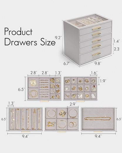 VLANDO 5 Layer Jewelry Box for Women, Glass Lid Jewelry Organizer with 5 Drawers for Necklaces Rings Earrings Bracelets - Grey