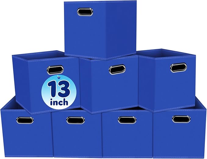 Fabric Cubby Storage Bins,13x13x13 Inches,Cube Organizer Bin Foldable Storage Boxes with Dual Handles Fabric Organizer Box and collapsible Storage basket,Set of 8,Dark Blue