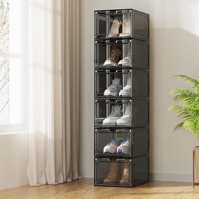 Shoe Box,Set of 6,Stackable Plastic Clear Shoe Box Organizer with Magnetic Door,Shoe Storage Box Thicken Sturdy,Easy Assembly,Fit up to US Size(Front opening door, Black)