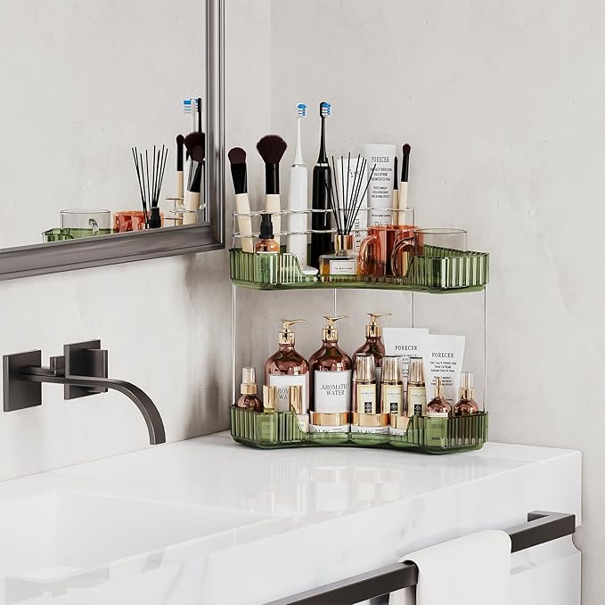 Asayuee 2-Tier Corner Bathroom Counter Organizer with Top Toothbrush Holders,Large Makeup Organizer Countertop with Brush Holder,Skincare Organizers Corner,Exquisite Vanity Organizer(Green, 2 Tier)